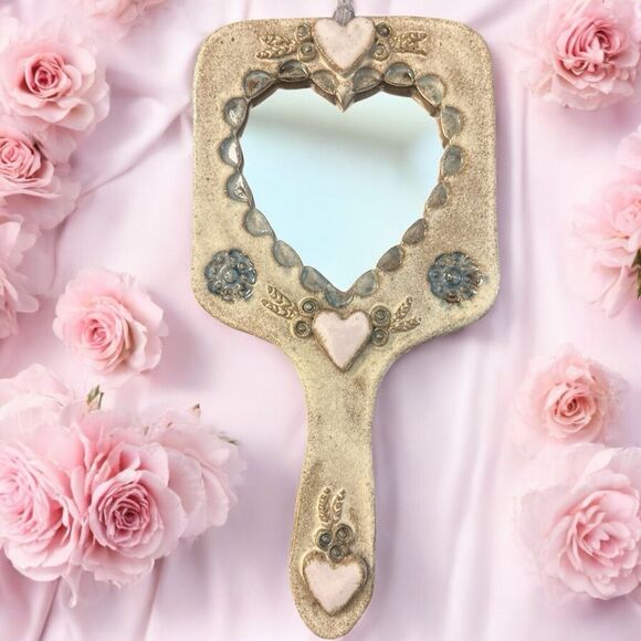 Handmade Vintage Stoneware Heart Hand Held Mirror.